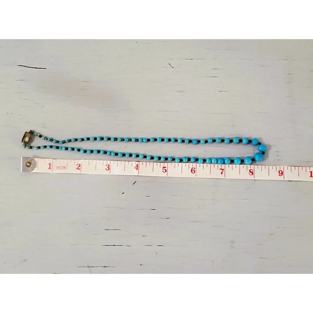 Vintage Czechoslovakia Blue Glass Graduated Bead Necklace with Crystal Box Clasp